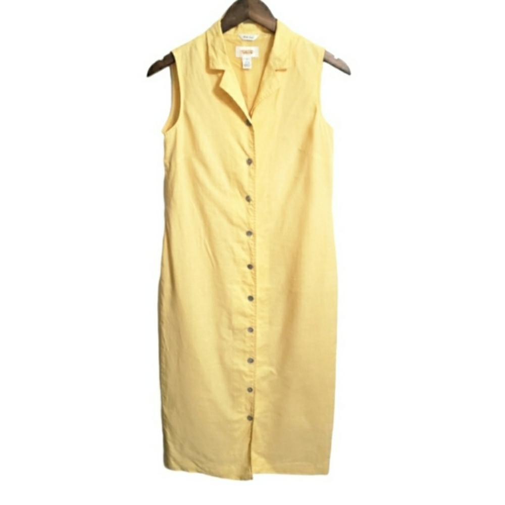 Vintage Talbots Irish Linen Button Front Yellow Dress Size 4